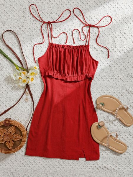 

solid ruched bust cami dress p0g5#, Black;gray