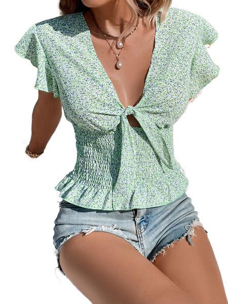 

ditsy floral print shirred knot front blouse r7xi#, White