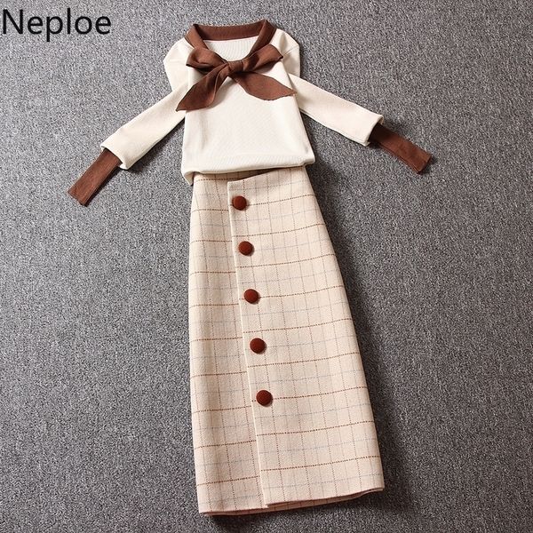 

neploe women knitted sets bow tie hit color sweater mediumlong buttons plaid skirt suits knitted sets outfits 573 y200110, White
