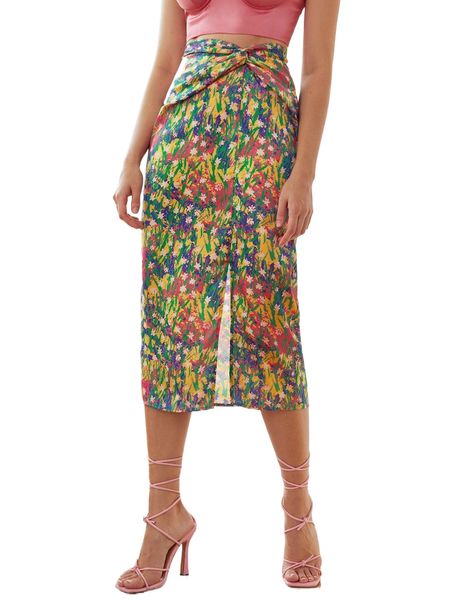 

floral twist detail slit hem skirt 37oc#, Black