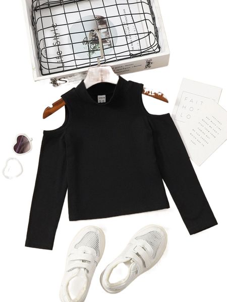 

toddler girls cold shoulder solid tee l1lq#, Black;white