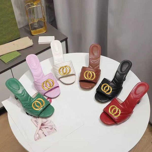 

classic designer women sandals beach half slippers 100% leather thick heels metal slides cowhide summer woman shoes lazy sandals high heeled, Black