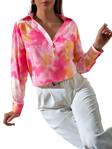 

tie dye half placket shirt k7dd#, White