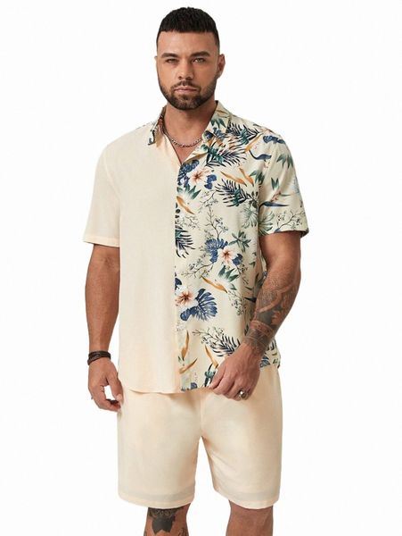 

extended sizes men tropical print shirt & shorts 92zi#, Gray