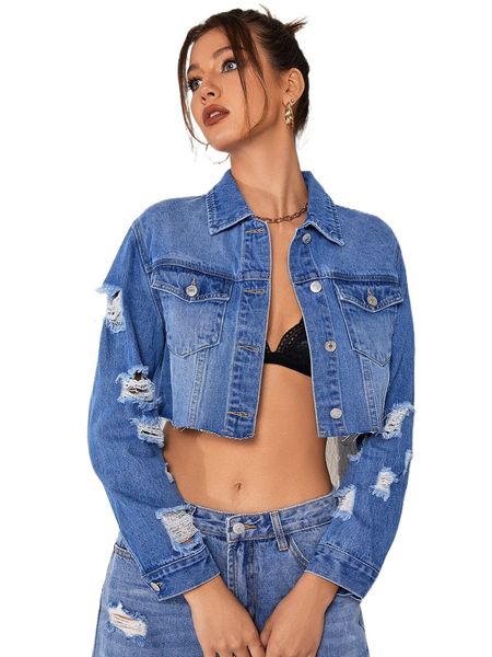 

drop shoulder cut out ripped raw hem crop denim jacket x2du#, Black;brown