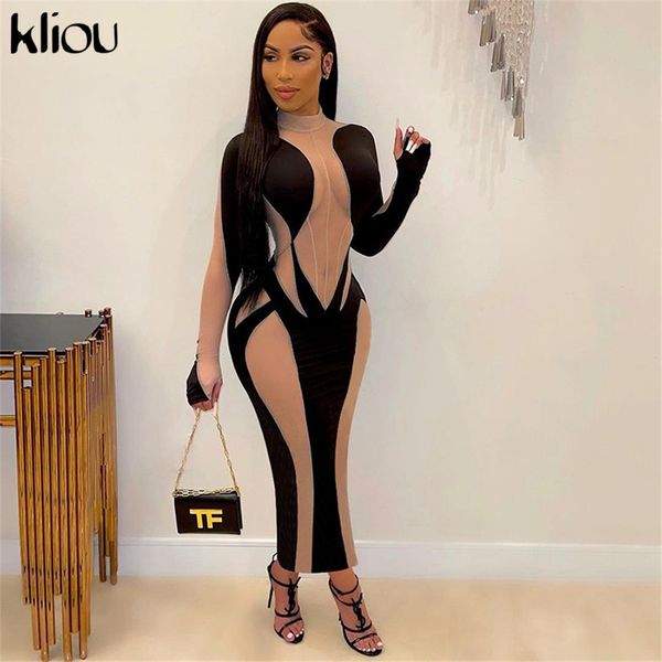 

see through maxi dress for women sheath paisley cleavage long sleeve turtleneck shaped waist clubwear female skirts, Black;gray