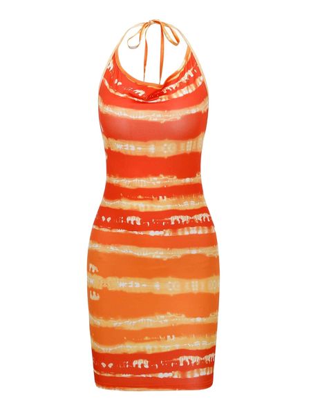 

tie dye knot backless halter dress 51ps#, Black;gray