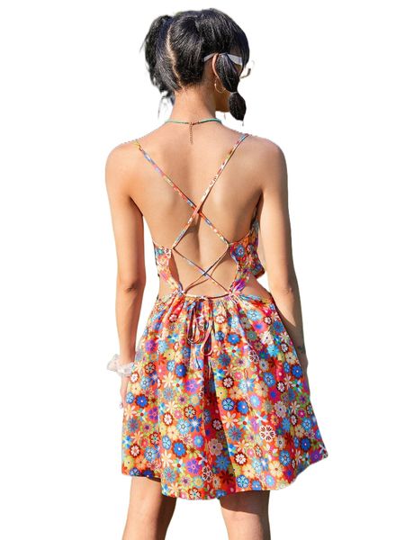 

allover floral print cut out lace up backless cami dress n29o#, Black;gray