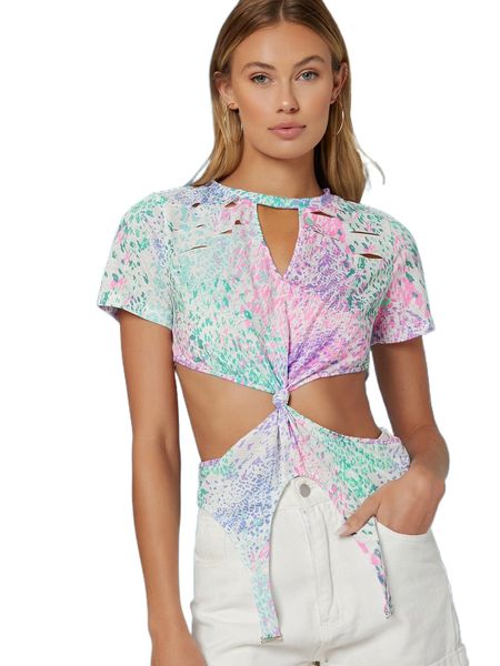 

x ji yeon lee distressed multicolored abstract print knotted tee v50r#, White