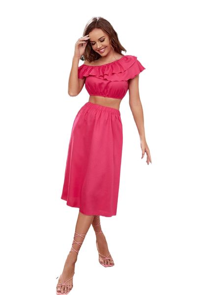 

ruffle trim asymmetrical neck & skirt l2uh#, White