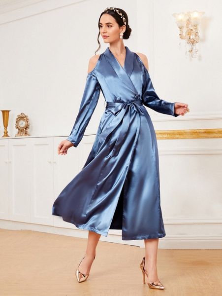 

cold shoulder double breasted belted satin blazer dress i97d#, White