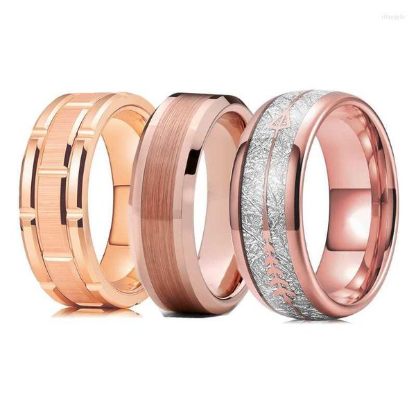 Hochzeit Ringe Mode 8mm Silber Meteorit Inlay Pfeil Edelstahl Ring Für Männer Frauen Rose Gold Doppel Groove Ziegel muster Rita22