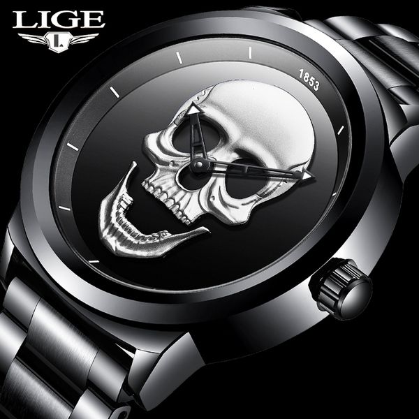 

2021 cool punk 3d skull men watch brand lige luxury steel quartz men watches waterproof retro fashion gold black clock relogio, Silver