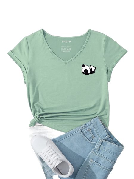 

panda print v neck tee y2ir#, White