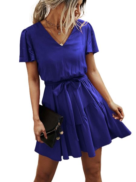 

butterfly sleeve ruffle hem belted dress 80tx#, Black;gray