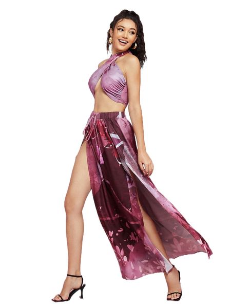 

x squid house tie dye crisscross halter & tie front slit skirt p1p5#, White