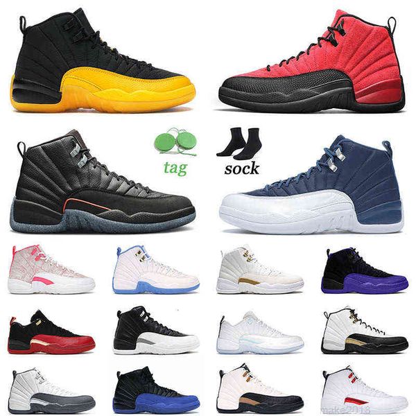 

basketball shoes 12 12s xii mens women jumpman university gold flu game grind indigo dark grey royal black trainers sneakers, White;red