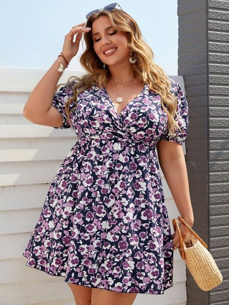 

plus allover floral puff sleeve dress l48n#, Black