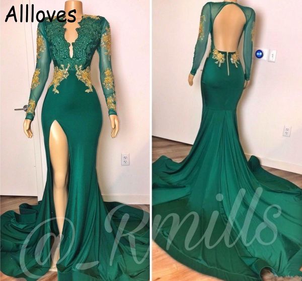 Abiti da ballo sexy con scollo a V verde scuro Maniche lunghe Applique in pizzo Sirena con perline Abiti da sera formale Arabo Aso Ebi Fessura laterale Abiti da festa senza schienale AL6063