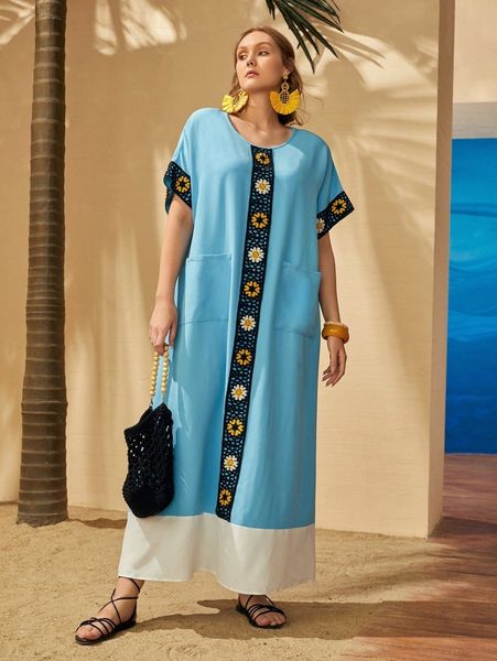

plus color block crochet detail tunic dress i79l#, Black