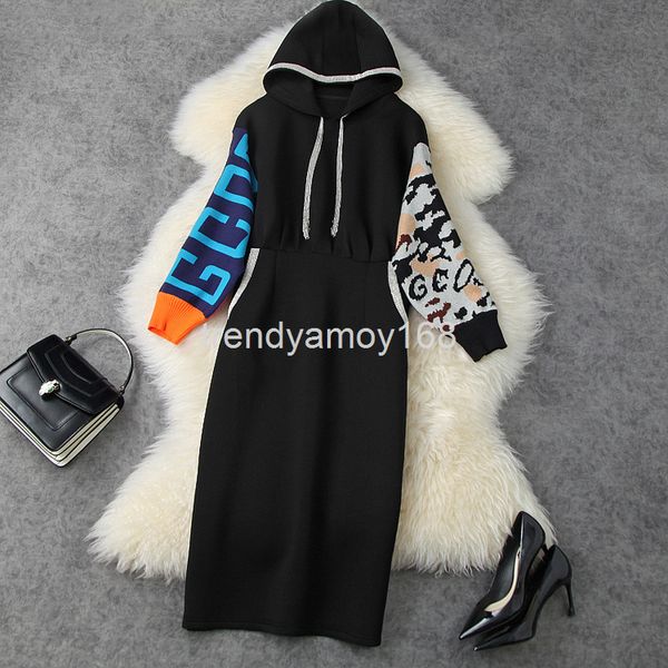 

casual dresses winter women's beaded chain tassel hooded stitched knit over knee slim sweater casual dress t11622, Black;gray