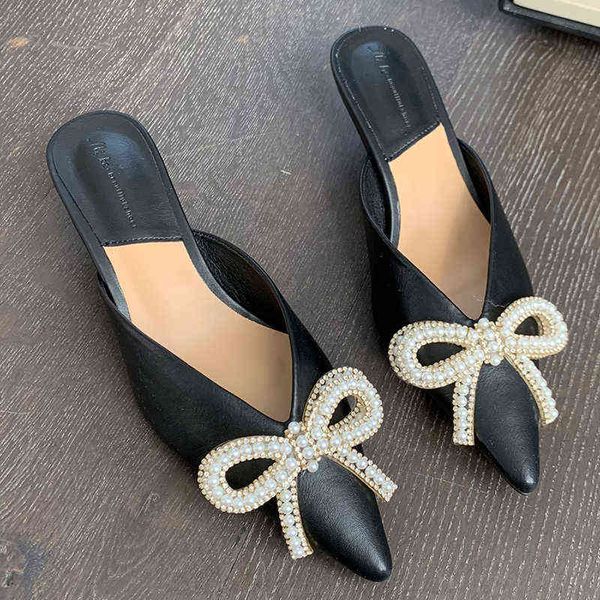 

slippers women 2022 new pumps fashion mules thin heels shoes ladies pointed toe slides string bead butterflyknot flip flops 220518, Black