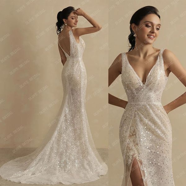 2022 Sexy Meerjungfrau-Glitzer-Spitze-Hochzeitskleid mit hohem Schlitz, Boho-Brautkleid mit niedrigem Rücken