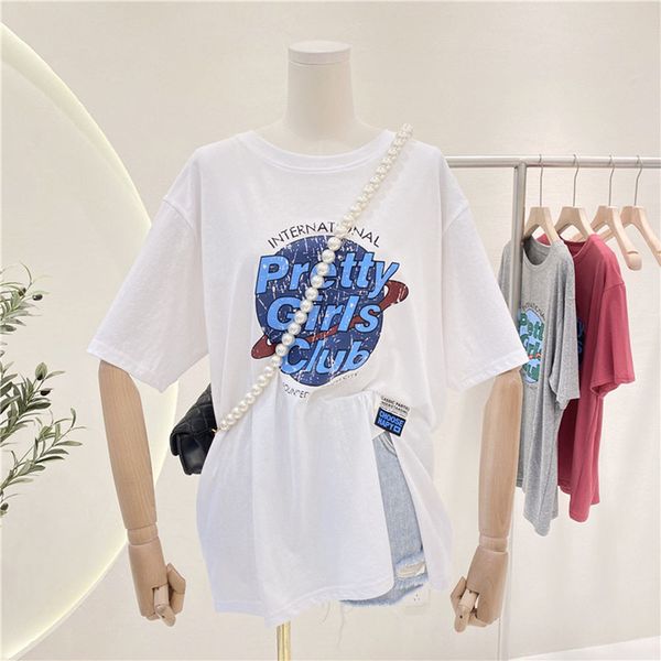

harajuku loose short sleeve t-shirts for women fashion round neck letter printing split irregular tees female chic casual 0621, White