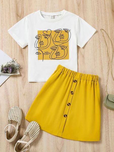 

girls stick figure tee & skirt she, White