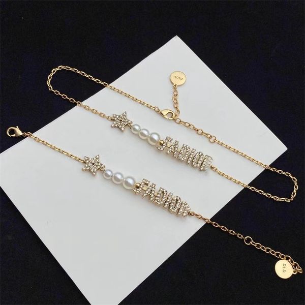

full diamond letter pearl necklace female old star high sense bracelet, Black