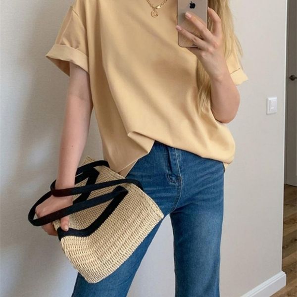 

wotwoy summer oversize short sleeve t-shirt women casual basic tee shirt women o-neck cotton black white harajuku female 220407