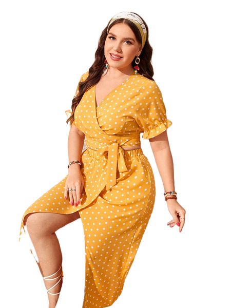 

plus polka dot wrap & split thigh skirt x1nb#, Black