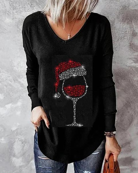 T-shirt da donna S-5XL Taglie forti Top Cappello natalizio Bicchieri da vino Stampa T-shirt a maniche lunghe nere Donna Festival Scollo a V Camicetta casual Quotidiano W