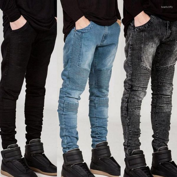 Jeans da uomo Biker Uomo Slim Denim Pantaloni Blu Pieghettato Designer di lusso Jean Jeans da motociclistaHeat22