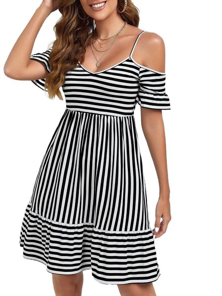 

striped cold shoulder dress 51wf#, Black;gray