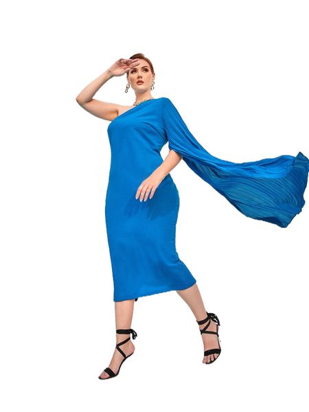 

plus one shoulder draped cloak sleeve dress e833#, Black