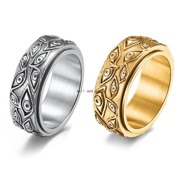 Eye of God Rotatable Stainless Aço Anel Banda de Anel Gold Black Kfinger Spinner vintage Rings para homens homens Hip Hop Jóias de moda de moda e areia