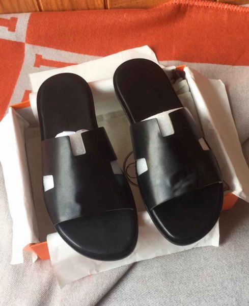 

famous summer izmir sandals shoes for men slides flats calfskin leather slip on beach slippers comfort casual walking eu38-46 box, Black