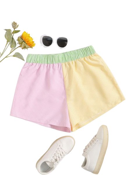 

color block elastic waist shorts u267#, White;black