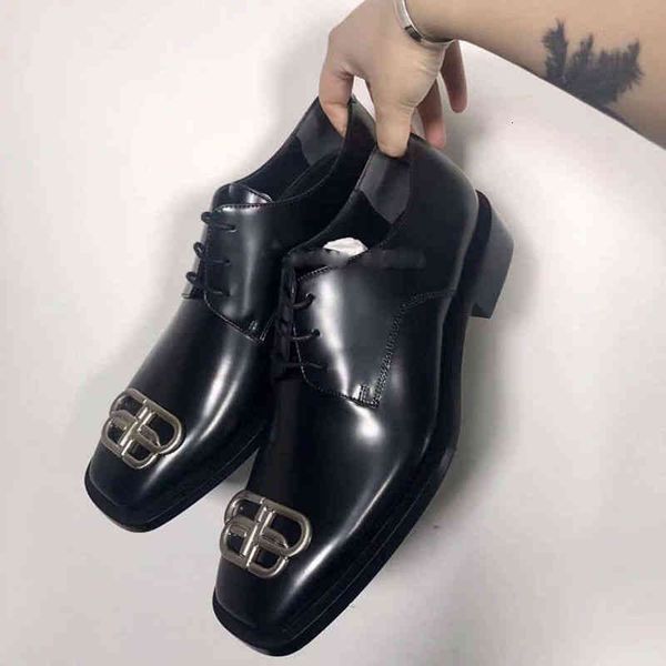 

dress shoes vintage lace up square toe shoes men's and women's spring autumn metal letter buckle thick heel casual soft single p8y, Black
