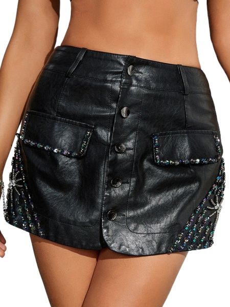 

apperloth a high waist contrast sequin pu leather skort d9hy#, White;black