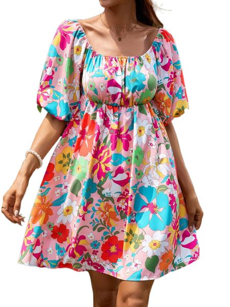 

allover floral print square neck puff sleeve shirred back dress 31cf#, Black;gray