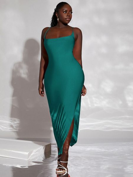 

sxy plus lace up split thigh backless cami dress r6vc#, Black