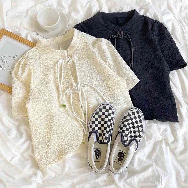 

women's blouses shirts 2022 temperament buckle chinese style stand collar texture irregular short slim fit bubble sleeve shirt spj4, White