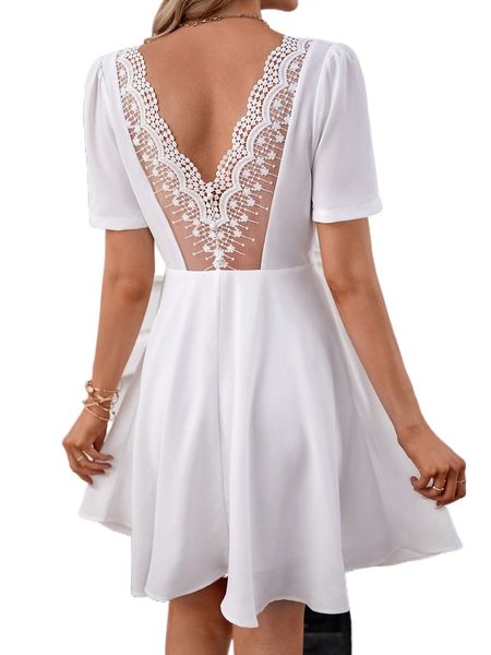 

contrast lace embroidered mesh detail puff sleeve dress 9310#, Black;gray