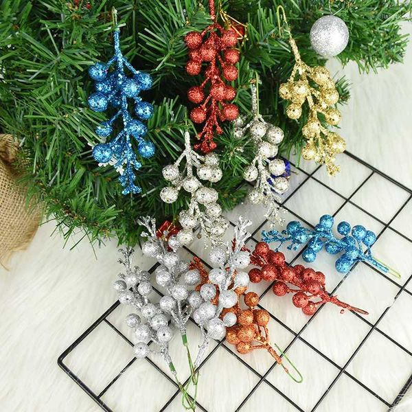 Flores decorativas grinaldas 3pcs glitter artificial cereja berry decoração de árvore de natal para casa festas de natal falsa penduramento