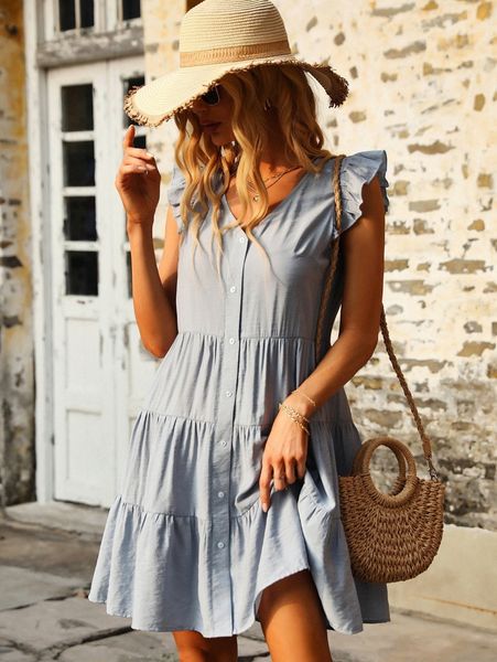 

solid ruffle trim smock dress q3ey#, Black;gray