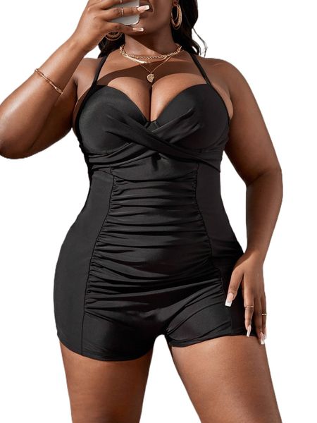 

plus wrap cross ruched one piece swimsuit m7fn#, White;black