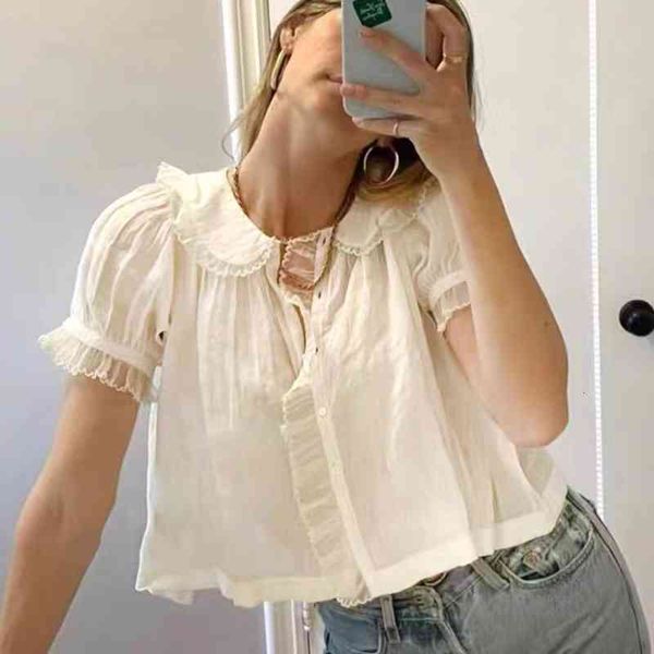 

women's blouses shirts legal system doss spring and summer french style pure ramie shirt with slightly transparent lace baby collar, White