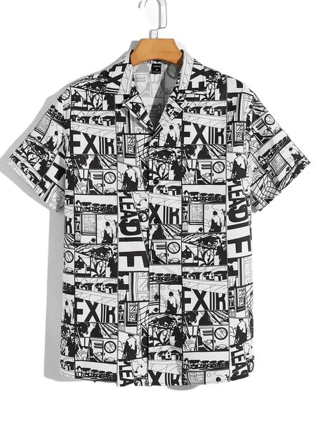 

men pop art print lapel neck shirt 49z1#, White;black